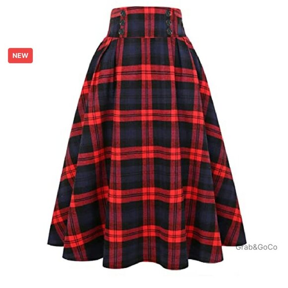 Plaid Pleated Midi Skirt High Waist A-Line Vintage Y2K Chic Casual - Picture 2 of 8